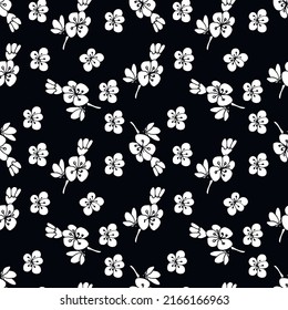 Sakura  seamless pattern on black background. Vector illustration in boho style for wrapping paper, textile, backgrounds.