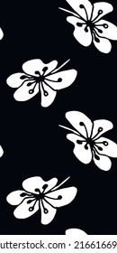 Sakura  seamless pattern on black background. Vector illustration in boho style for wrapping paper, textile, backgrounds.