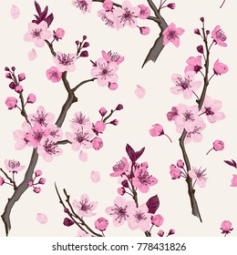 Sakura. Seamless pattern. Pink Cherry blossom branches. Vector botanical illustration. 