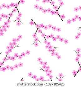 Sakura seamless pattern with pink floral tree branch. Texture on white isolated background. Vector eps 10.