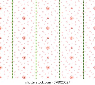 Sakura seamless pattern with pink flowers and green leaves on white background.