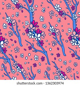 Sakura seamless pattern in trendy colors. Hand draw vector illustration. Good for textile, background and wrapping paper.