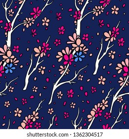 Sakura seamless pattern in trendy colors. Hand draw vector illustration. Good for textile, background and wrapping paper.