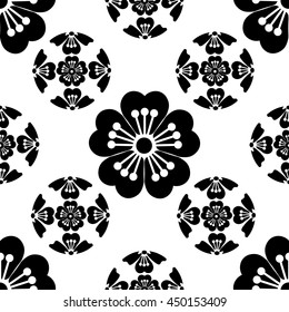 Sakura seamless stylized flower, symbolizes the arrival of spring, the Japanese symbols, black on white background, isolated, vector illustration