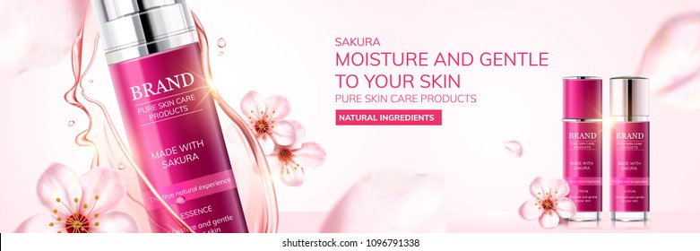 Sakura skin care ads with cherry blossom flying in the air, light pink background