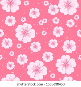 Sakura spring flowers in bloom seamless pattern. Chinese japanese seasonal garden with botanical magnolia pink pastel floral decoration. Delicate illustration wallpaper.