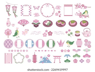 Sakura and spring Japanese style material icon set