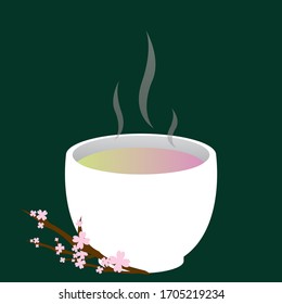 ้Hot sakura tea on green background