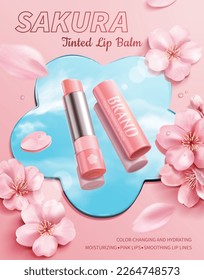 Sakura tinted lip balm ad template. Open lip balm and cap on flower shape mirror with sky reflection. Pink background with cherry blossoms and petals around.
