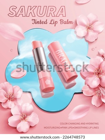 Sakura tinted lip balm ad template. Open lip balm and cap on flower shape mirror with sky reflection. Pink background with cherry blossoms and petals around. 商業照片 © 