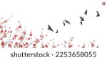 Sakura tree in bloom and flock of birds in the sky. Traditional oriental ink painting sumi-e, u-sin, go-hua. Translation of hieroglyph - sakura bloom.