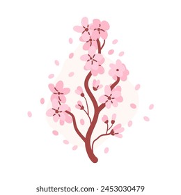 Rama del árbol Sakura. Composición floral. Elemento simple de flor de cerezo japonés. Vector plano dibujado a mano ilustración.