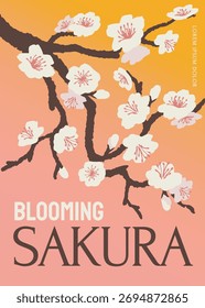 Sakura tree branches with blooming cherry blossoms in a stylized flat graphic style on a warm gradient background. Concept of spring and renewal. Vector illustration