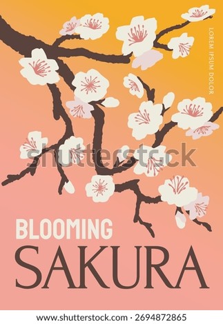 Sakura tree branches with blooming cherry blossoms in a stylized flat graphic style on a warm gradient background. Concept of spring and renewal. Vector illustration