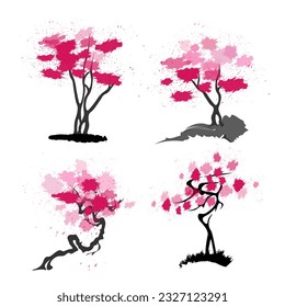 Sakura tree with branches and crown, wild cherry.Collection STK abstract,
Japanese traditional ink painting
 Oriental style sumi e, u shun, go hua,
vector illustration.