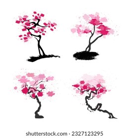 Sakura tree with branches and crown, wild cherry.Collection STK abstract,
Japanese traditional ink painting
 Oriental style sumi e, u shun, go hua,
vector illustration.