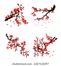 Sakura tree with branches and crown, wild cherry.Collection STK abstract,
Japanese traditional ink painting
 Oriental style sumi e, u shun, go hua,
vector illustration.