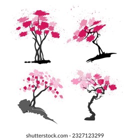 Sakura tree with branches and crown, wild cherry.Collection STK abstract,
Japanese traditional ink painting
 Oriental style sumi e, u shun, go hua,
vector illustration.