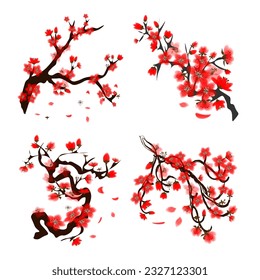 Sakura tree with branches and crown, wild cherry.Collection STK abstract,
Japanese traditional ink painting
 Oriental style sumi e, u shun, go hua,
vector illustration.