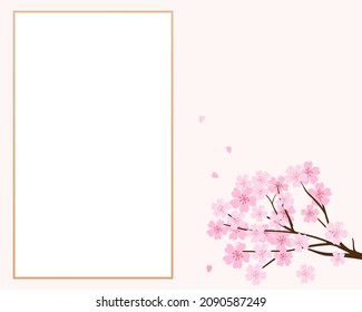 Sakura tree branches  and white frame with pink gold border vector illustration.