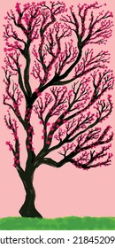 Sakura Tree Chinoiserie Oil Painting Vector Illustration