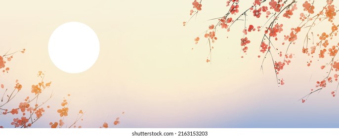 Sakura tree flowers, big sun and sunrise sky. Traditional oriental ink painting sumi-e, u-sin, go-hua