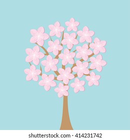 Sakura tree flowers Japan blooming cherry blossom set Blue background Template Flat design Vector illustration