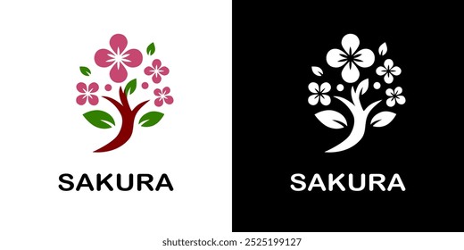 Logotipo da árvore Sakura com flores de cerejeira rosa vibrantes e folhas verdes, simbolizando a natureza, renovação e beleza. Ideal para empresas relacionadas com floricultura, bem-estar ou produtos naturais