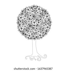 Sakura tree. Monochrome flowers, trunk on white, art design element hand drawn stock vector illustration