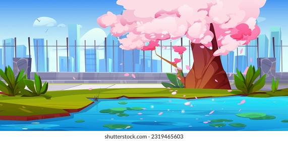 Sakura tree near pond in city park garden with fence vector background. Japanese cherry blossom with pink flower and falling petals at spring town environment landscape. Green waterlily in lake