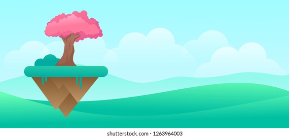 sakura tree over the fantasy flying sky island planet website banner template vector design illustration