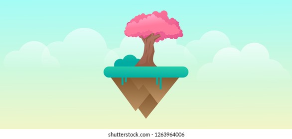 sakura tree over the fantasy flying sky island planet website banner template vector design illustration
