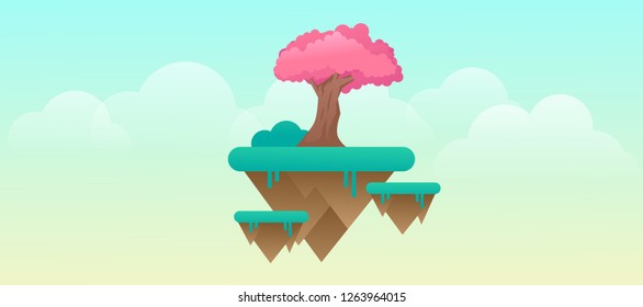 sakura tree over the fantasy flying sky island planet website banner template vector design illustration