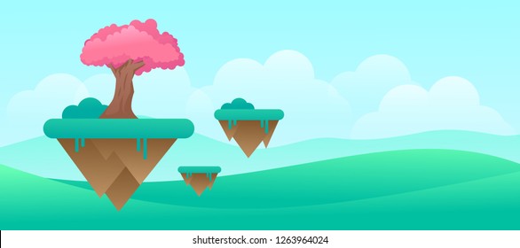 sakura tree over the fantasy flying sky island planet website banner template vector design illustration
