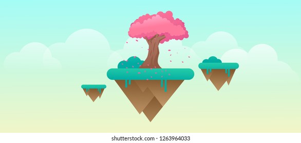 sakura tree over the fantasy flying sky island planet website banner template vector design illustration
