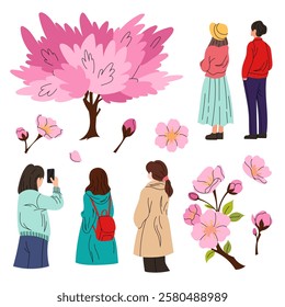 Sakura tree. People watching cherry tree blossom. Hanami. Set illustrations sakura flowers and branches on white background.