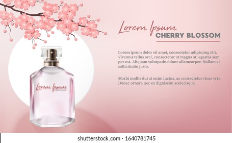 Sakura Tree or Pink Cherry Blossom Concept- Octagon Perfume Bottle - Flower Paper Cut Banner-Vector Illustration