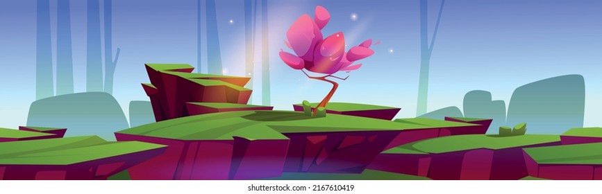 Sakura tree with pink flowers in garden or park with green grass and trees. Vector cartoon game seamless background with floating islands with japanese cherry tree in spring forest