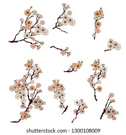 Sakura tree set isolate vector.Peach flower and cherry blossom set.Japanese cherry blossom set.