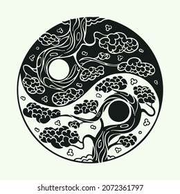 Sakura tree in the shape of the Yin Yang symbol. Cherry flower blossom, botanical art hand-drawn with ink in traditional Japanese painting style. Vector engraving illustration for your oriental art.