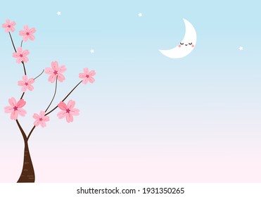Sakura tree with stars and moon cartoon on blur background vector illustration.