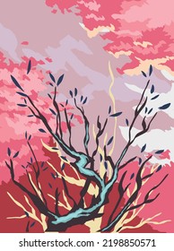 Sakura tree with sunset sky and clouds abstract vectors art