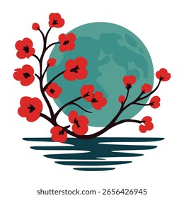 Flores rojas hermosas de la flor con la luna llena y la reflexión del agua – arte floral asiático, silueta japonesa del árbol de Sakura, ilustración de la escena de la Naturaleza para la tranquilidad, la meditación y los temas de la serenidad