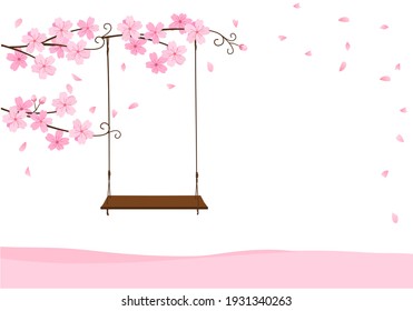 Sakura tree with wooden swing on white background vector illustration.