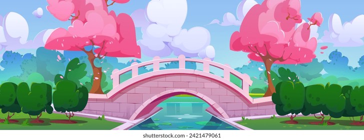 Árboles de sakura y puente de piedra en parque primaveral. Dibujo vectorial de un río en un jardín público asiático con flores de cerezo rosa, césped y arbustos verdes, pétalos que vuelan en el aire, nubes en el cielo azul