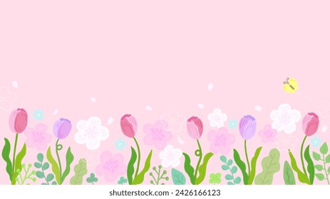 Sakura and tulip background banner inspired by spring, stylish hand-drawn illustration