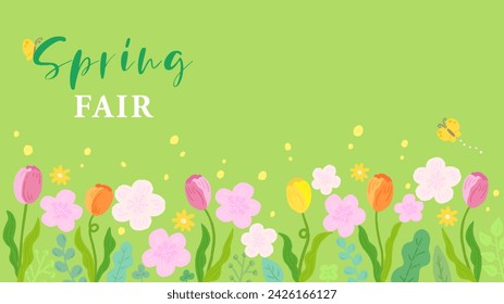 Sakura and tulip background banner inspired by spring, stylish hand-drawn illustration