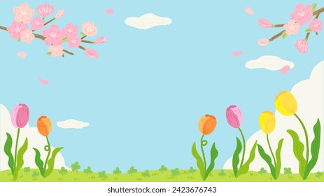 Sakura and tulip background frame inspired by spring, stylish hand-drawn illustration