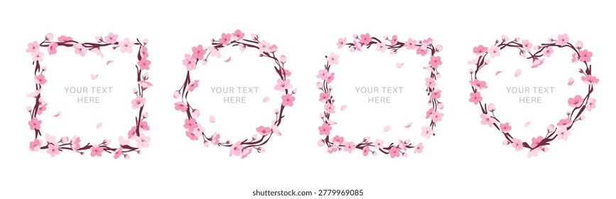 Sakura twigs frames. Delicate and beautiful borders, different shape, pink cherry flowers branches, japanese blooming tree, romantic spring decoration elegant botanical design tidy vector isolated set
