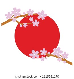 Sakura twigs with pink flowers and red Japanese sun on a white background. flat style. symbol japan. vector